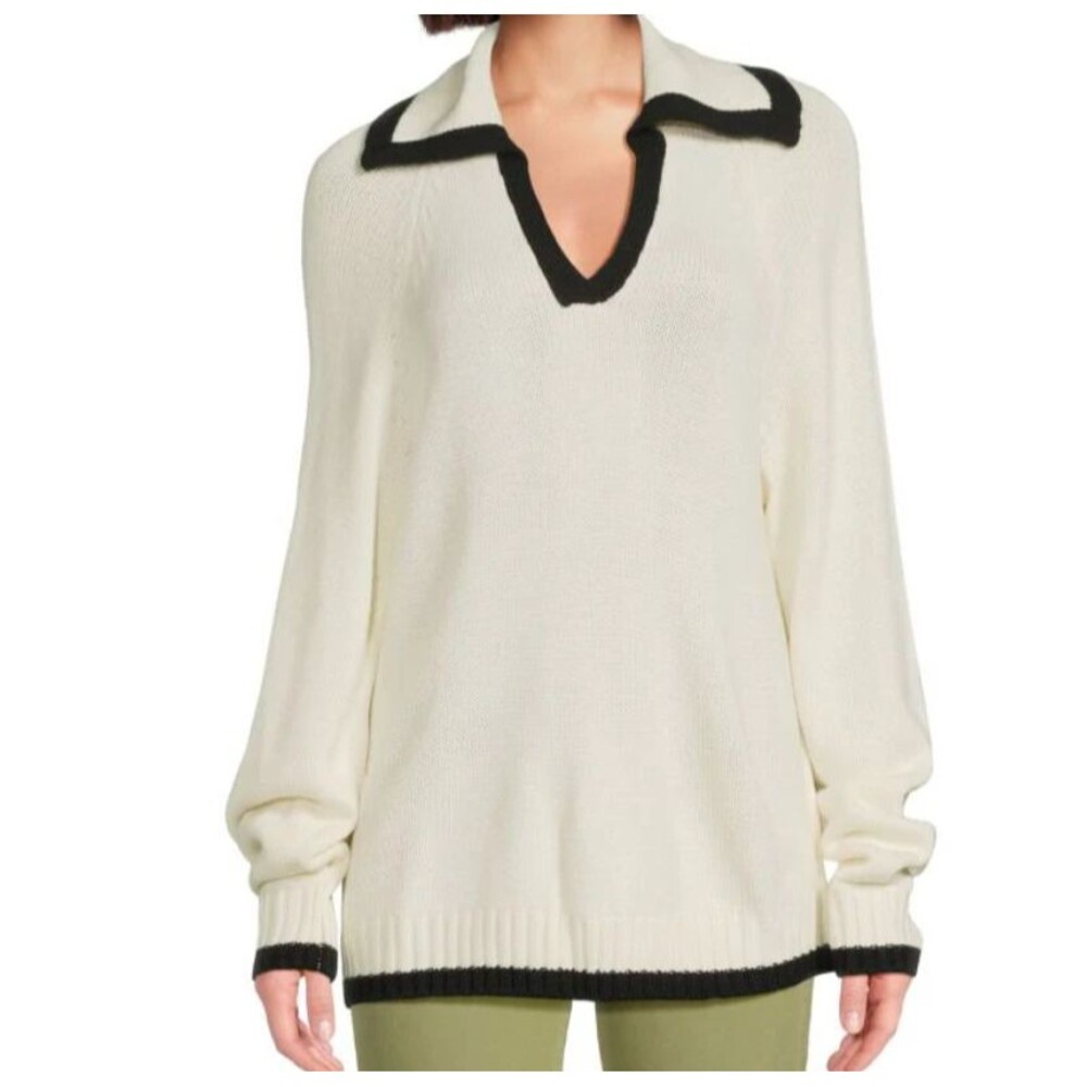 WeWoreWhat Contrast Trim Split Collar Sweater Ivory Black V Neck NWT - Medium